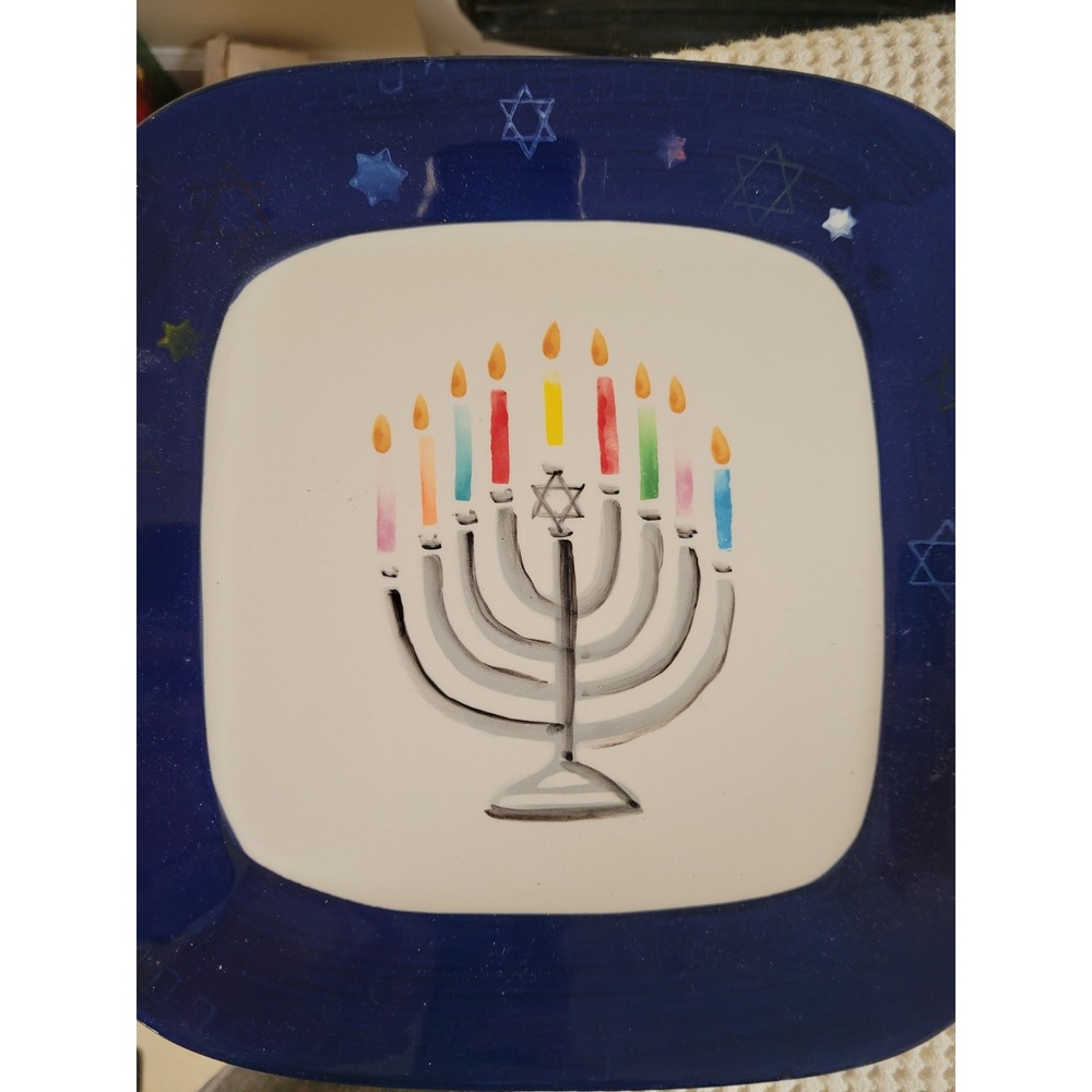 Hanukkah Menorah ND Hand Painted Ceramic Plate Square Blue/White Star of‎ David